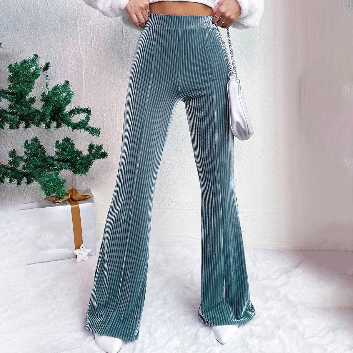HIGH-WAISTED CORDUROY BELL BOTTOMS WIDE-LEG PANTS