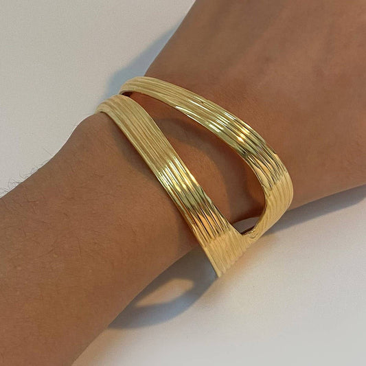 Trendy Double Layer Ribbed Open Bangle, 18K Gold
