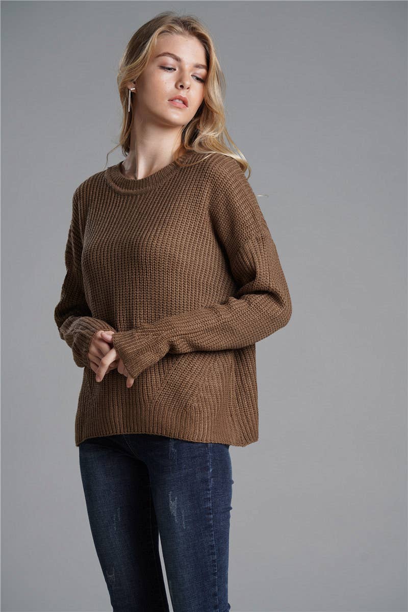 WOMEN'S LOOSE KNIT SWEATER CREW NECK KNIT SWEATER