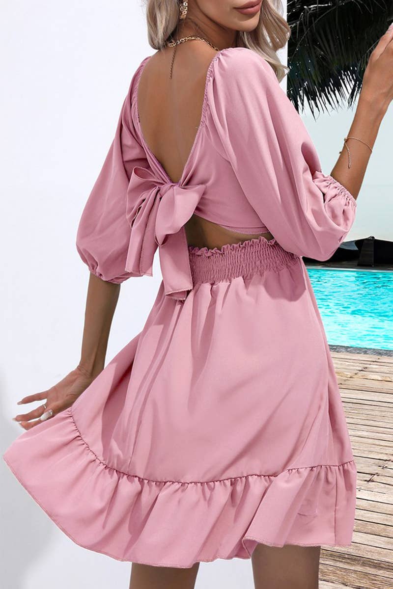 CWDSD7390_SUMMER RUFFLED SQUARE NECK TIE SHORT DRESS