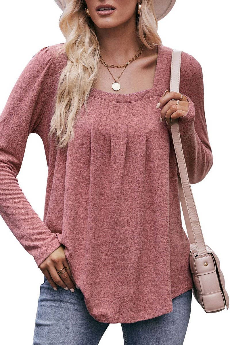 CWOSWL07634_SQUARE NECK PUFF SLEEVE PLEATED LONG SLEEVE TOP