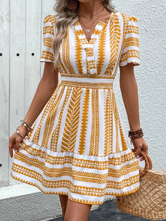 V-NECK WAIST BOHO CROPPED DRESS