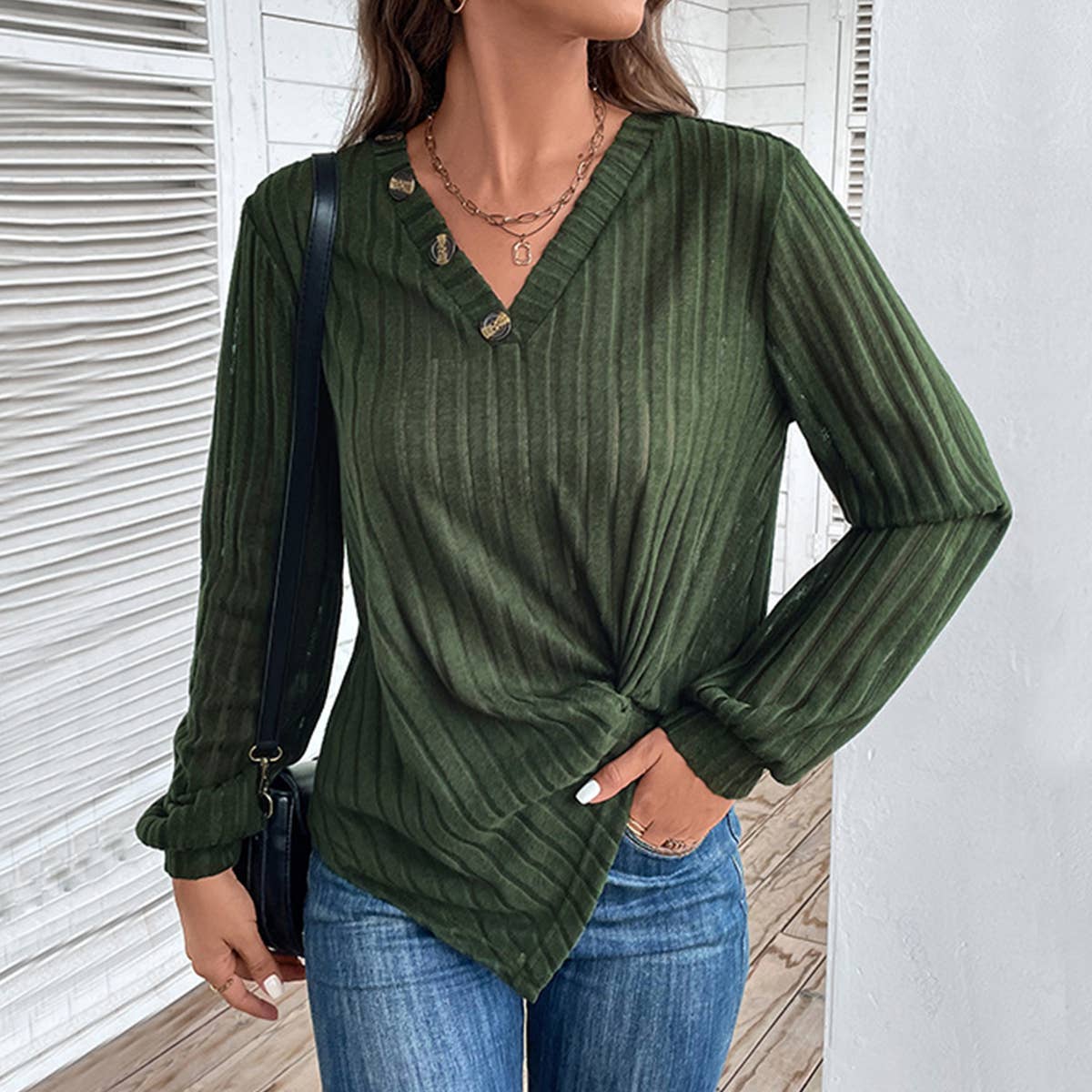 LONG SLEEVE SOLID COLOR SWEATER V-NECK TEXTURE
