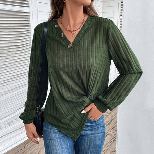 LONG SLEEVE SOLID COLOR SWEATER V-NECK TEXTURE