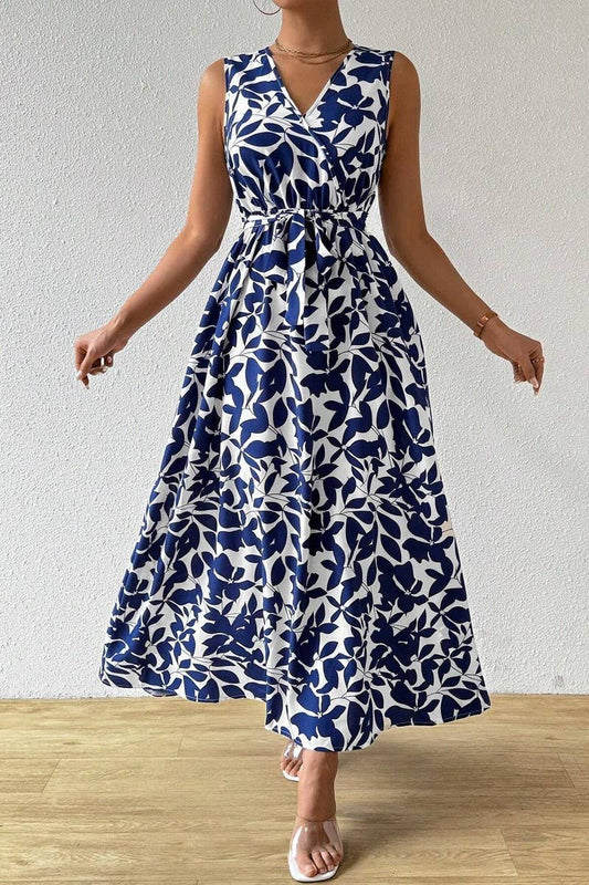 CWDMD4426_PRINTED V-NECK SLEEVELESS TIE RESORT MAXI DRESS