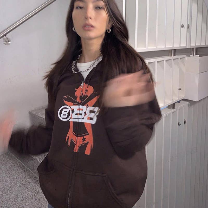 VINTAGE SOLID BROWN LONG-SLEEVED ZIPPER HOODIE