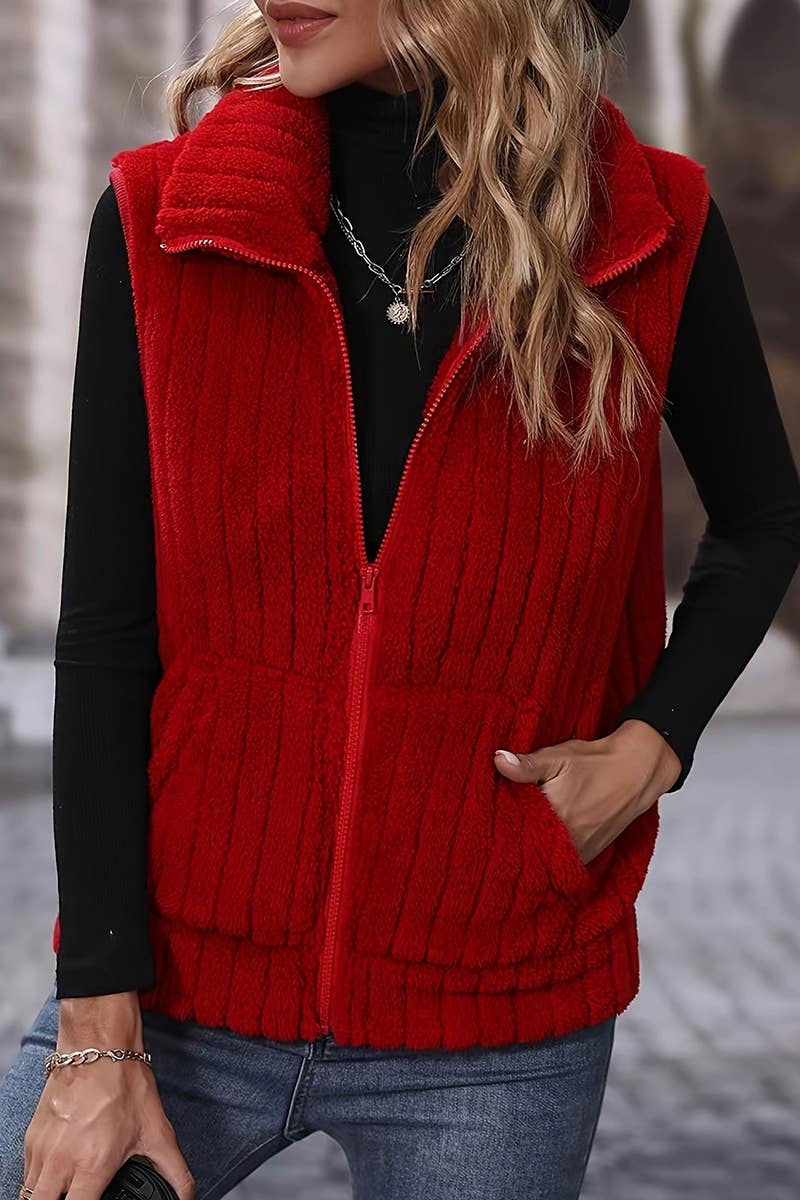 SOLID COLOR VEST COAT WITH PLUSH LAPELS
