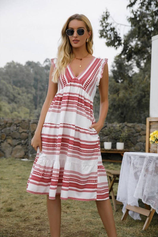 CWDMD6112_BOHO V-NECK POCKETED STRIPED TIERED DRESS