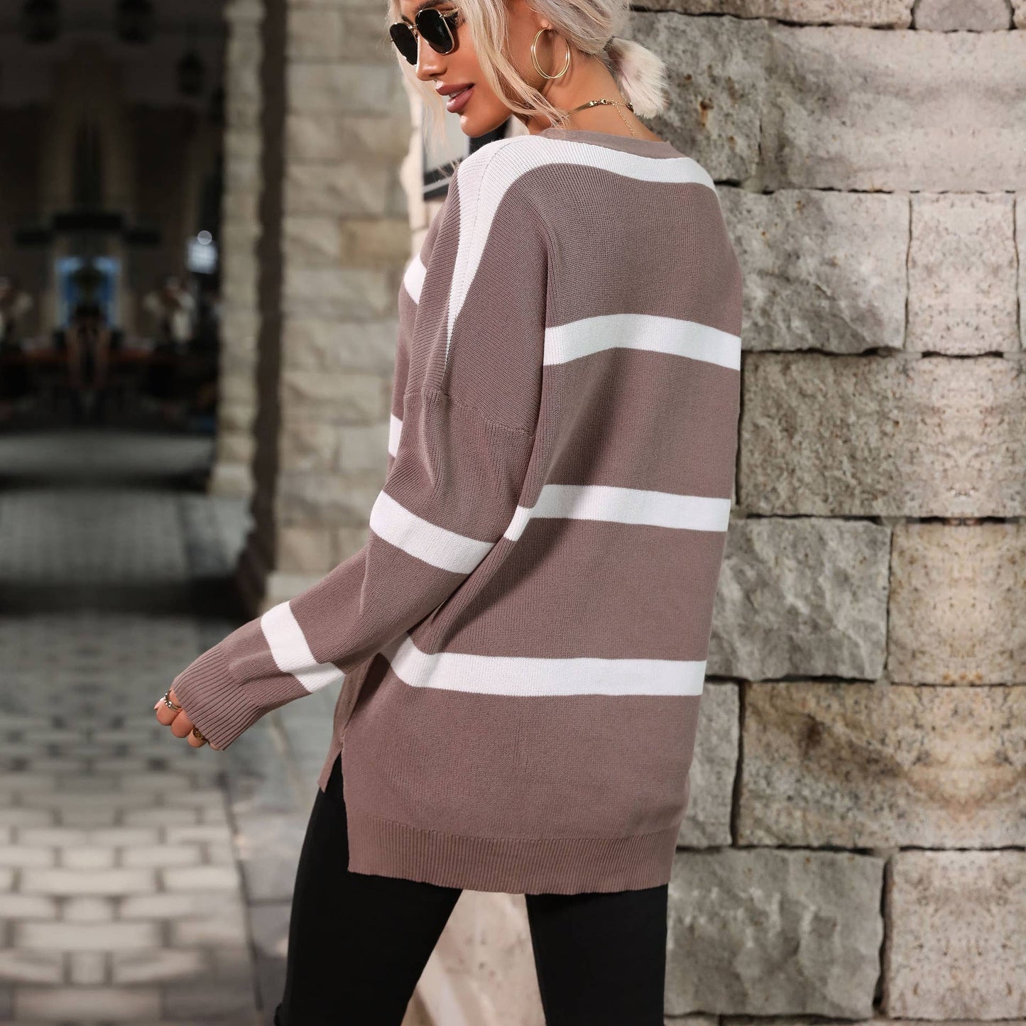 V-NECK LONG SLEEVE STRIPED JACQUARD THIN TOP