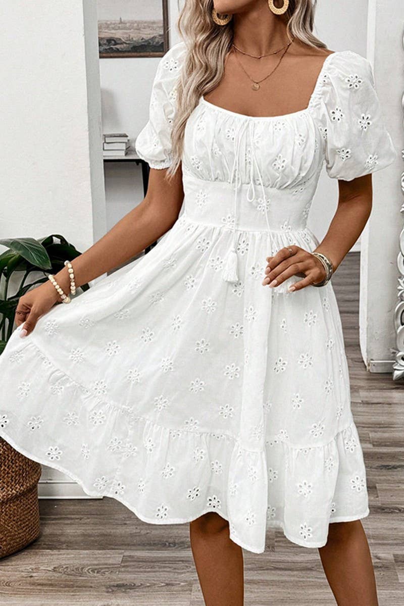 CWDSD8530_SOLID SMOCKED SQUARE NECK SHORT SLEEVE DRESS
