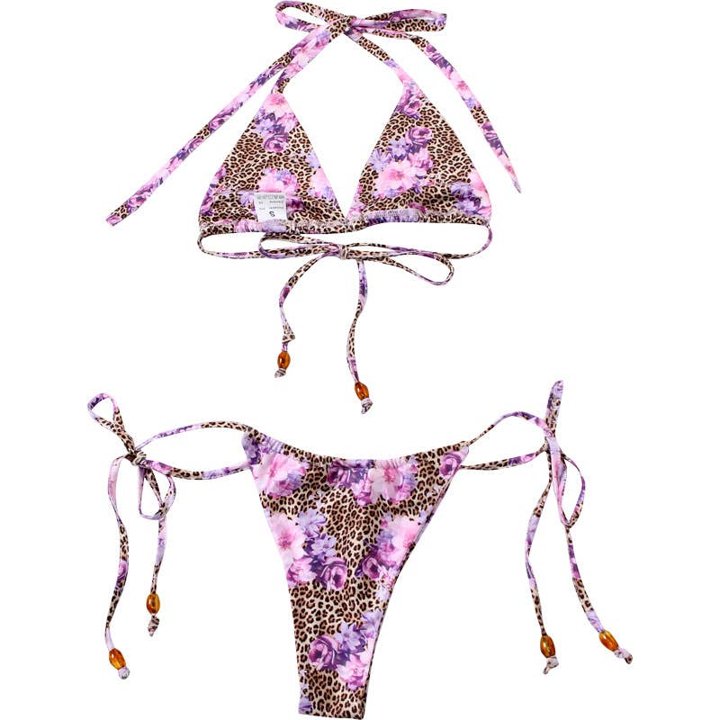 Leopard Floral Halter Tie Bikini Set
