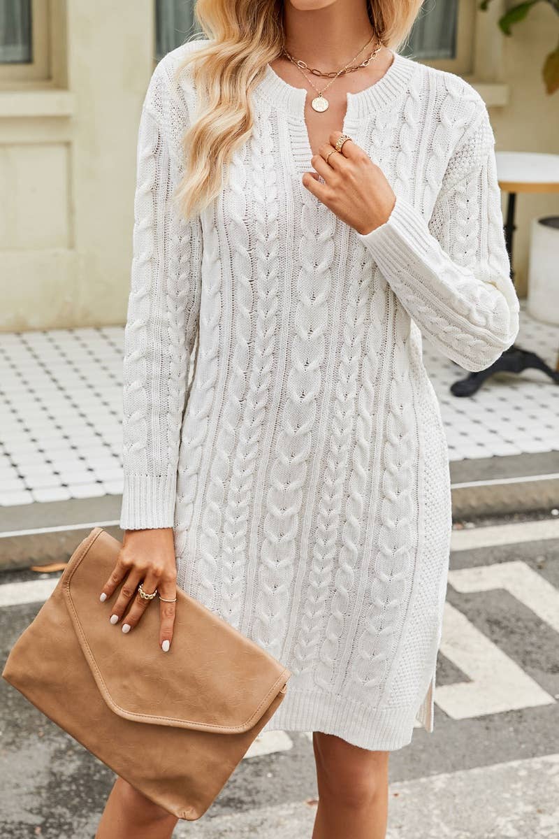 CWDTD0385_SOLID COLOR V-NECK LONG-SLEEVED SWEATER DRESS