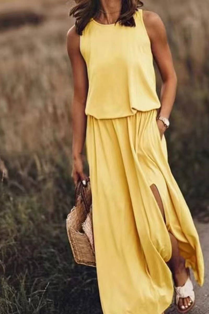 CWDMD5390_SOLID COLOR SLEEVELESS BALLOON LONG DRESS