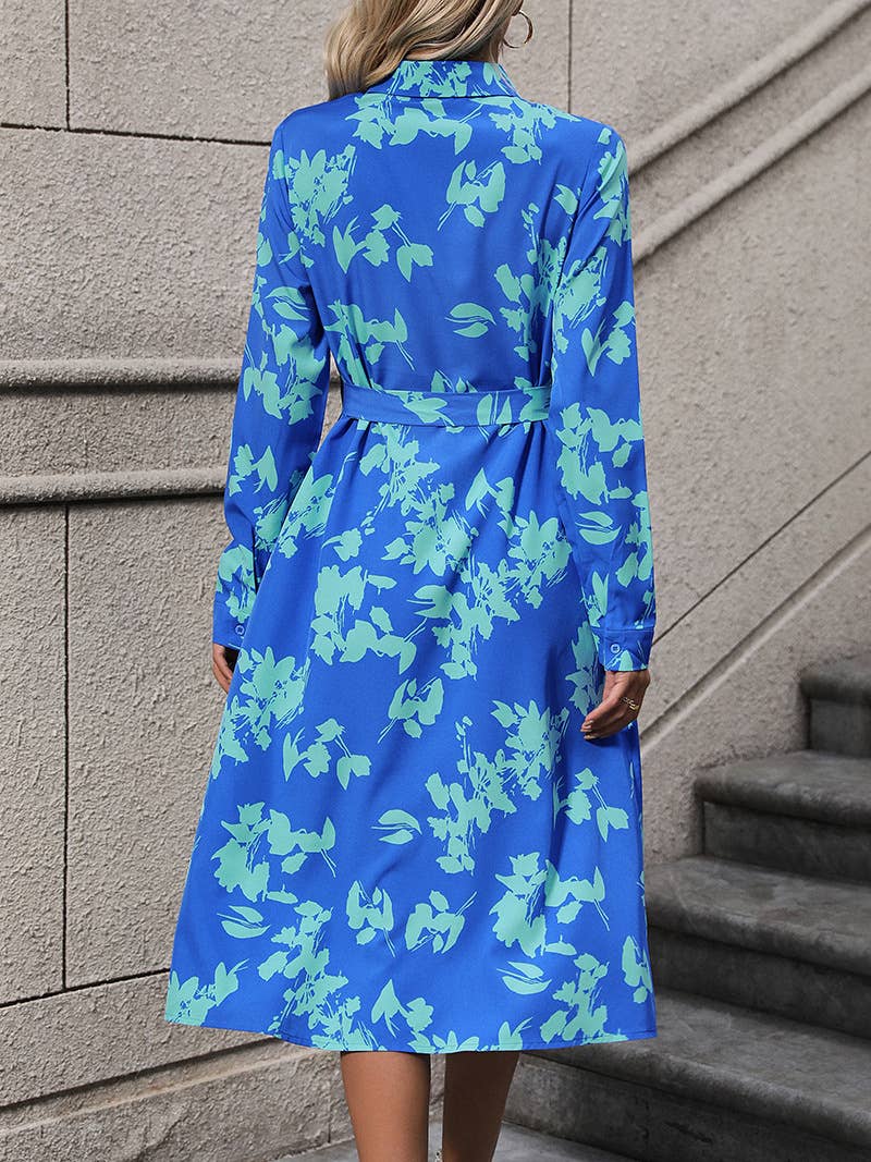 Printed lapel shirt dress