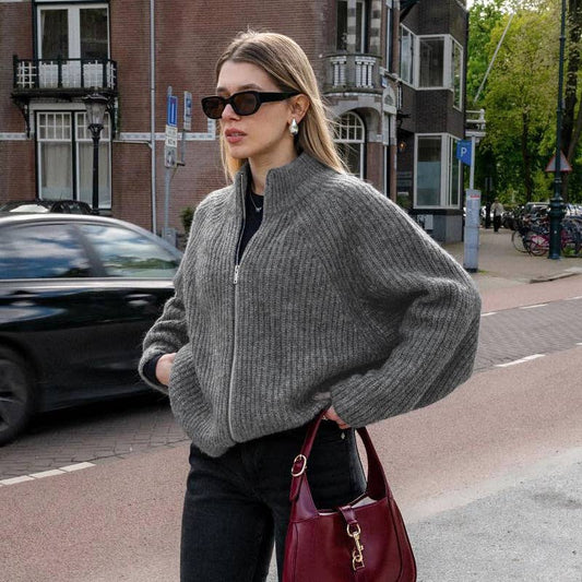 SOLID COLOR CARDIGAN WITH DOUBLE ZIP HEAD LAPEL