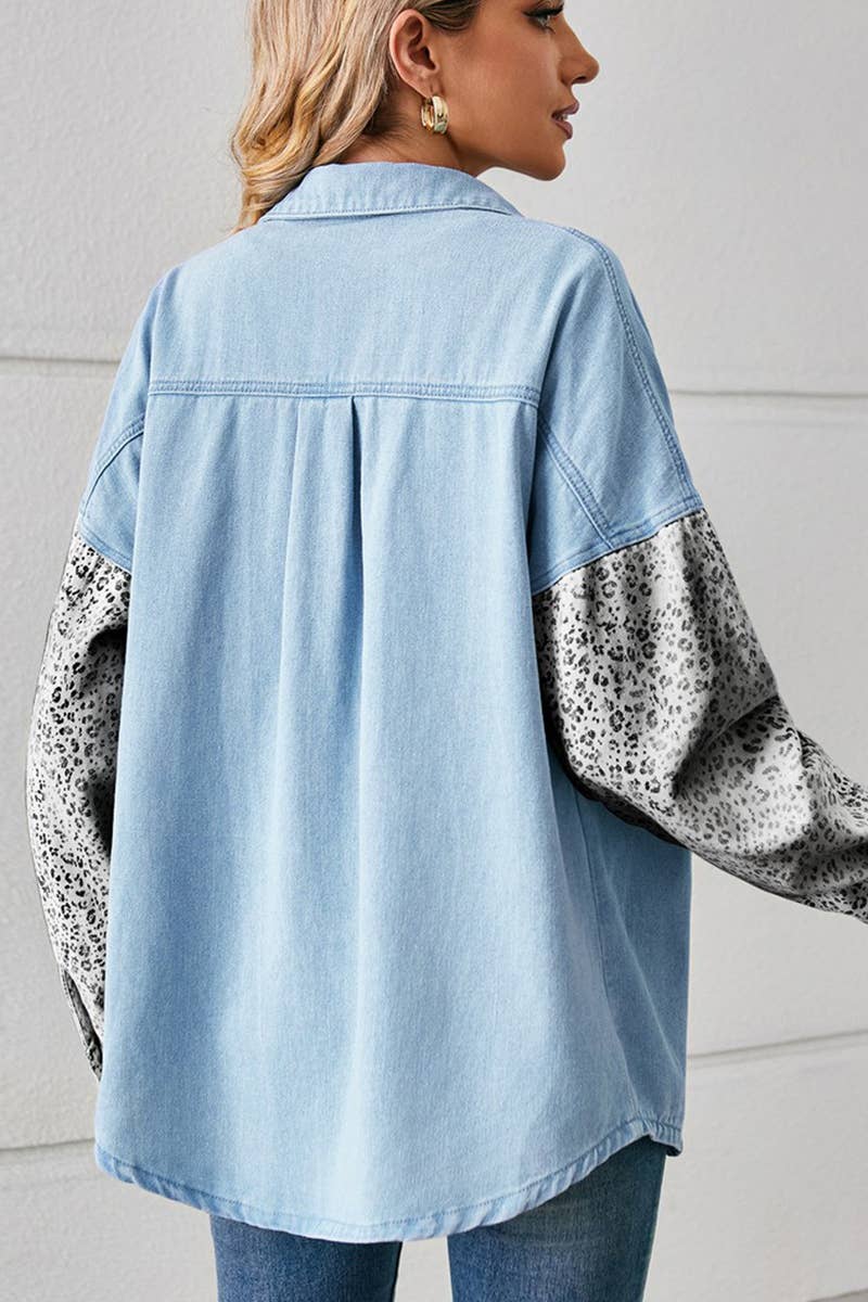 LEOPARD LONG SLEEVE PATCHWORK DENIM SHIRT CARDIGAN_CWJT0020