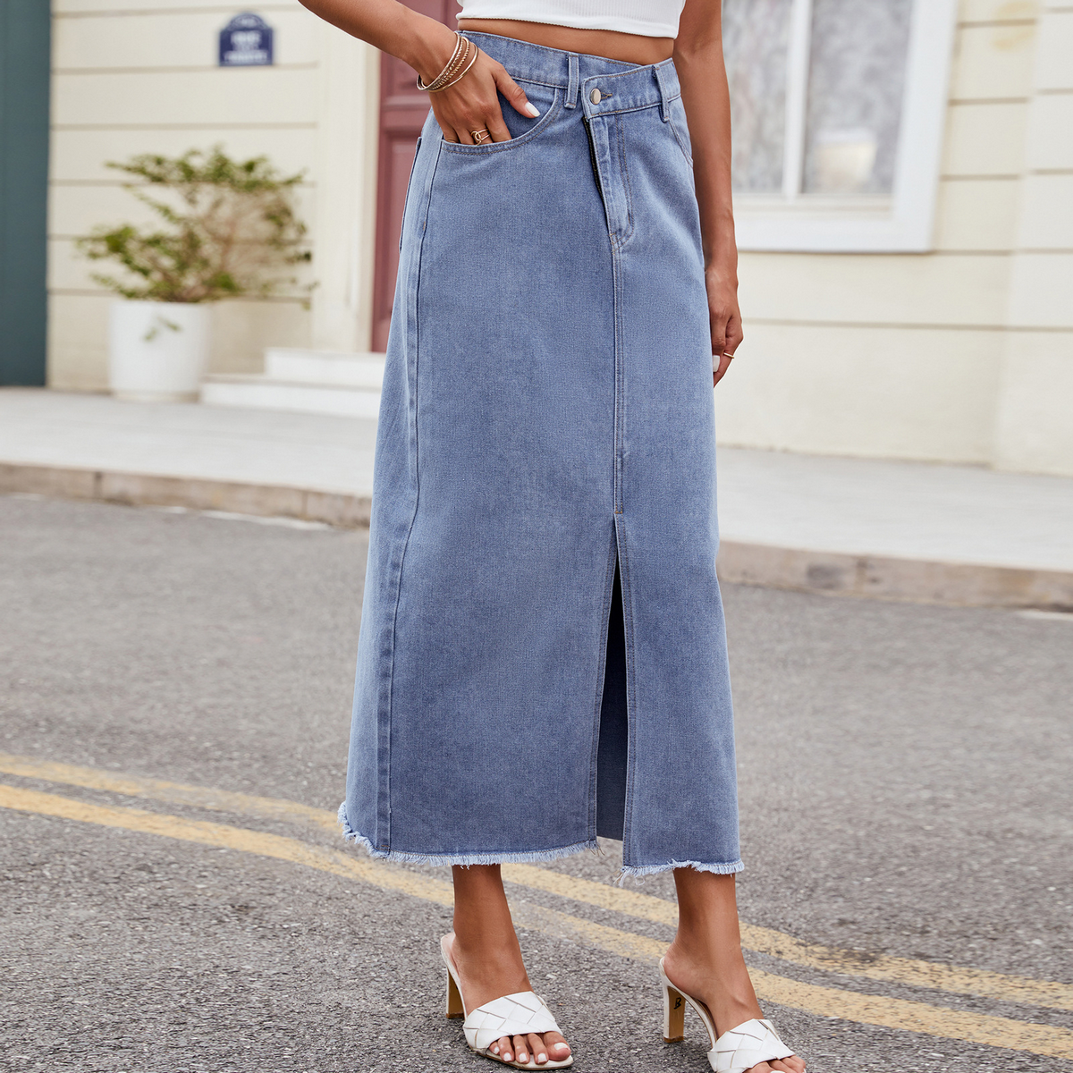 Women??¢s Washed Denim Maxi Skirt Asymmetrical_CWJSK0205