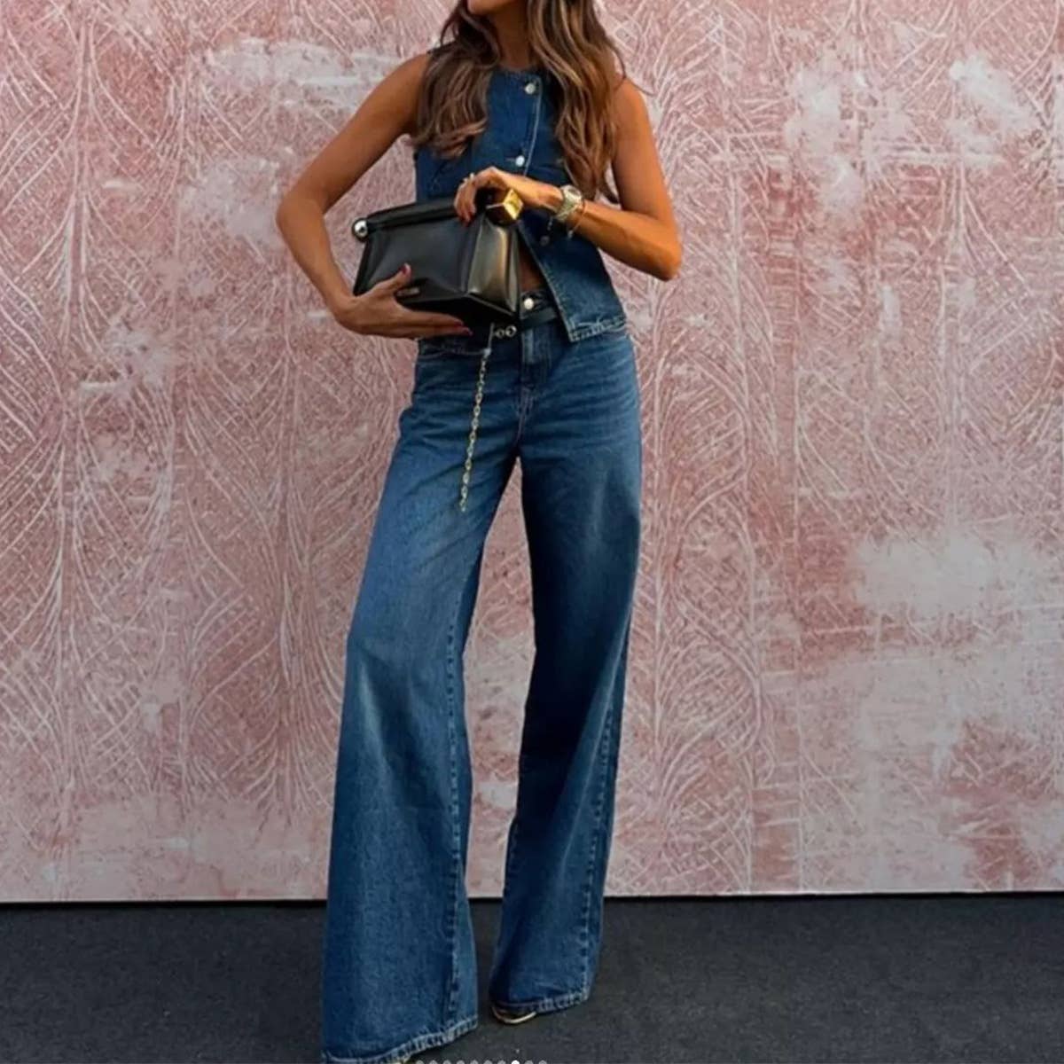 Sleeveless vest & wide-leg denim set