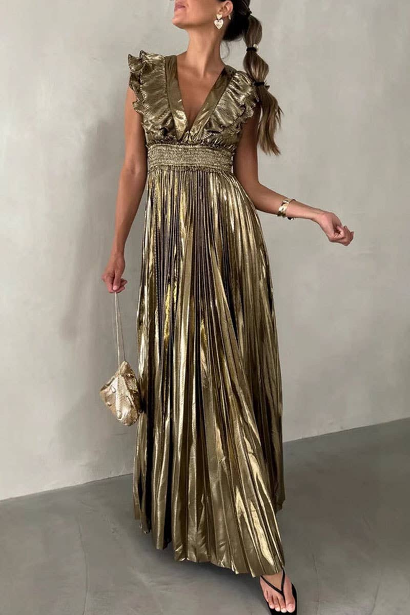 CWDMD5560_SUMMER PLEATED RUFFLED BACKLESS LACE-UP DRESS