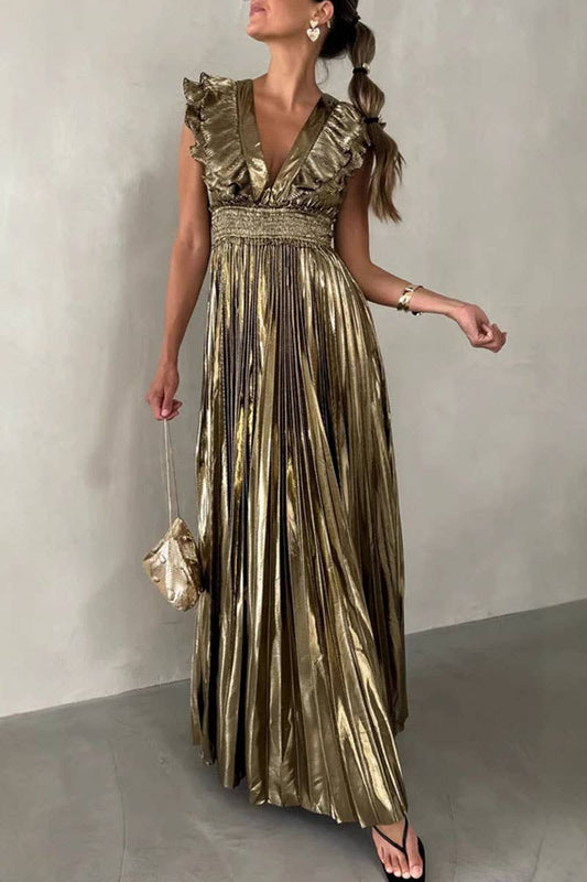 CWDMD5560_SUMMER PLEATED RUFFLED BACKLESS LACE-UP DRESS