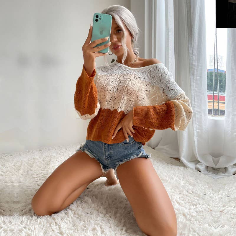 V-neck hollowed-out color-blocking sweater