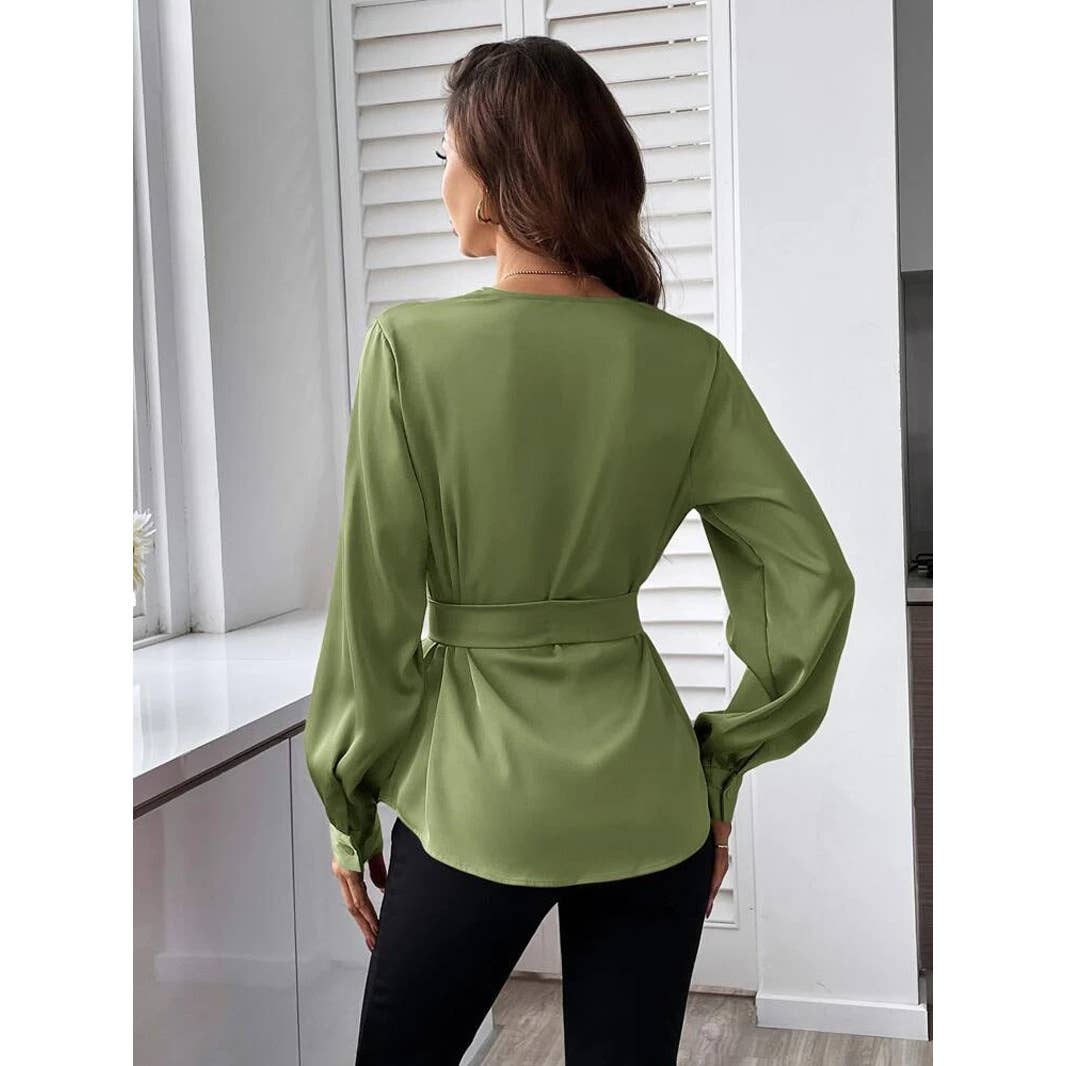 V-NECK SOLID COLOR BELTED ASYMMETRICAL HEM SHIRT