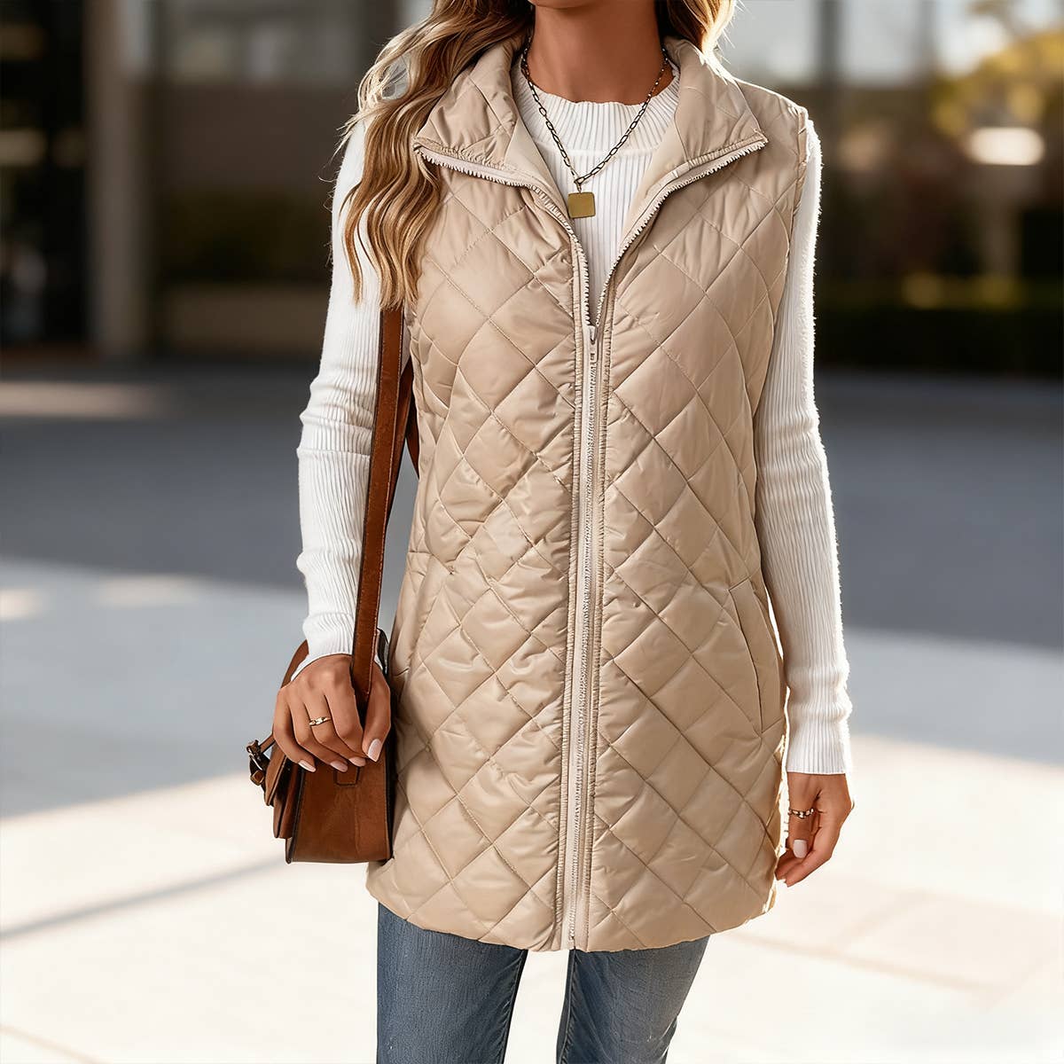 Lapel sleeveless long zipper cotton-padded Vest