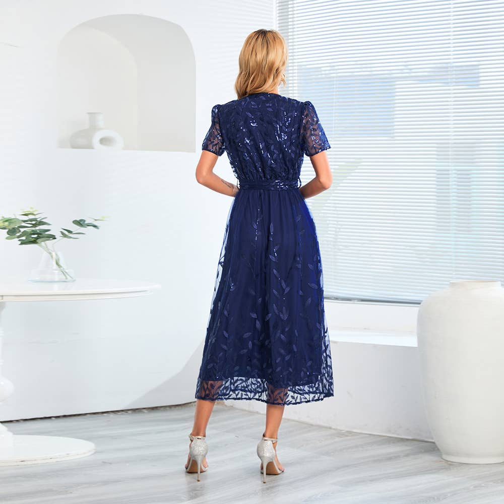 Embroidered Metallic Mesh V-Neck Midi Dress