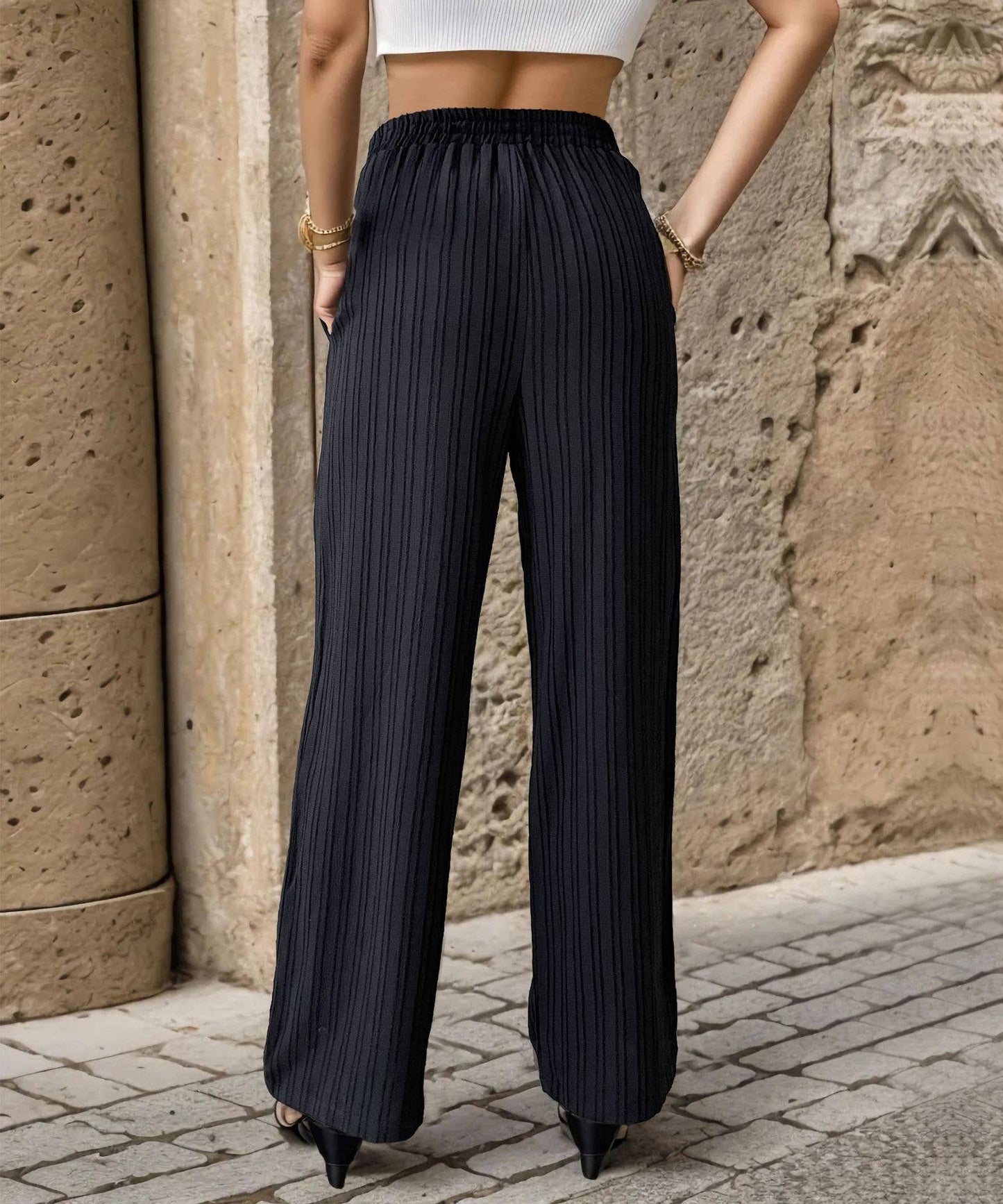 SOLID COLOR PLEATED STRAIGHT LEG CASUAL PANTS