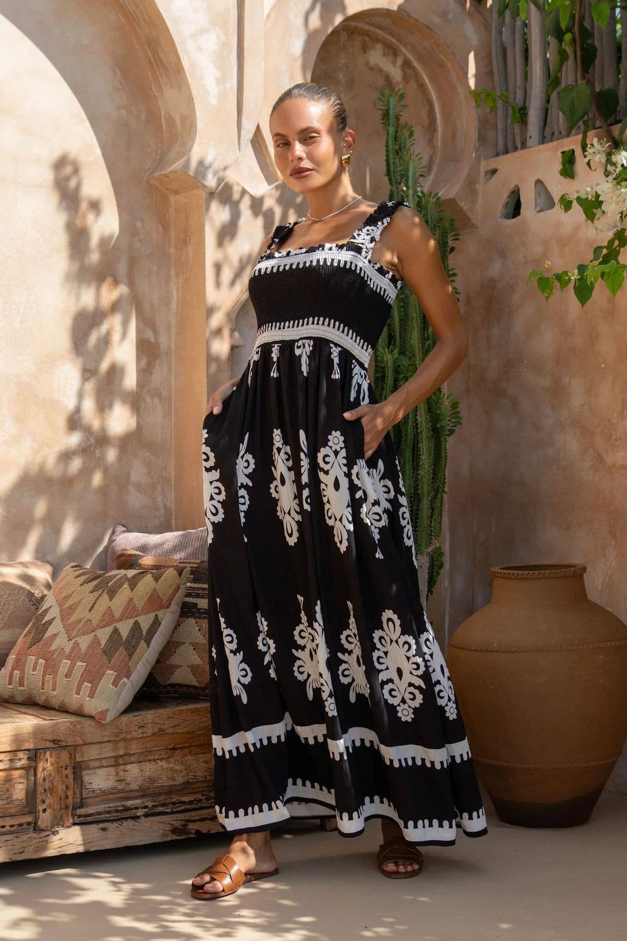 Ethnic-style printed loose-fitting halter dress