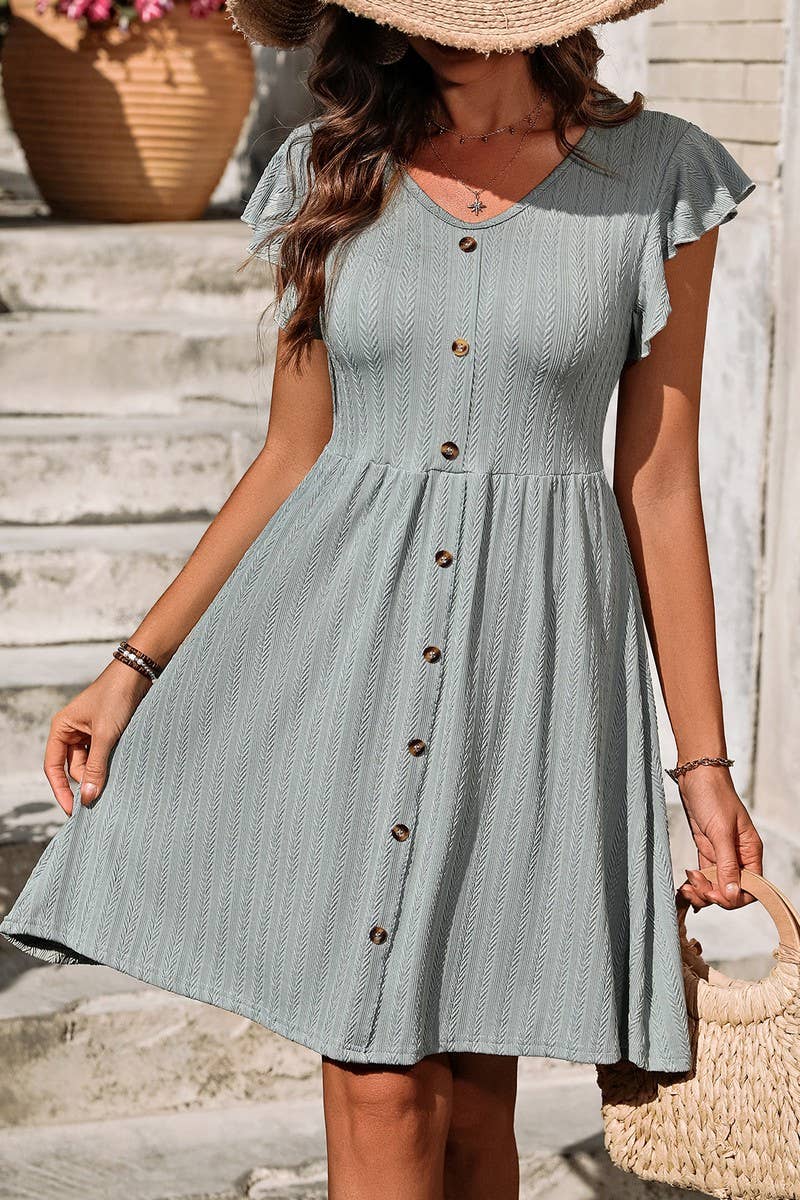 CWDSD6686_V-NECK BUTTON WAIST ELASTIC SHORT SLEEVE DRESS