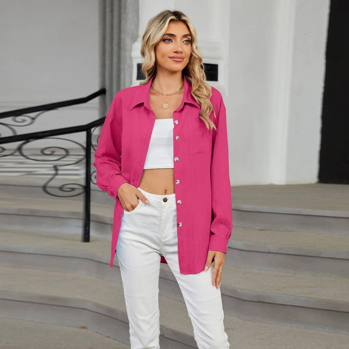 Long sleeve lapel button solid color shirt