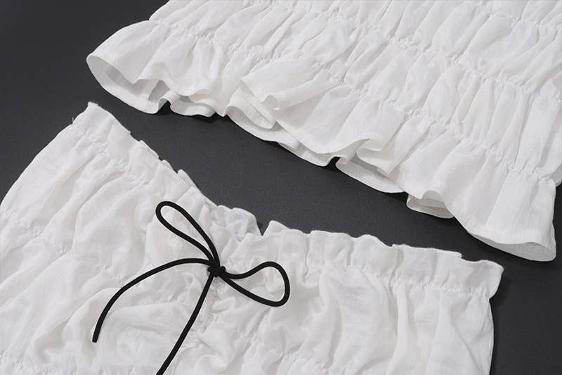 Pleated texture halter top short skirt set