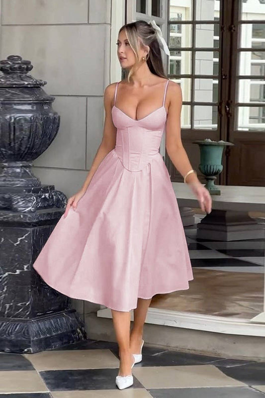 CWDMD5068_SPRING V-NECK SOLID COLOR WAIST SUSPENDER DRESS