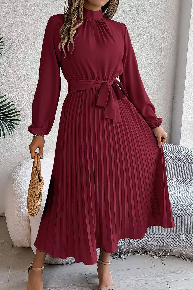 CWDMD3430_TIE STAND COLLAR PLEATED MAXI DRESS