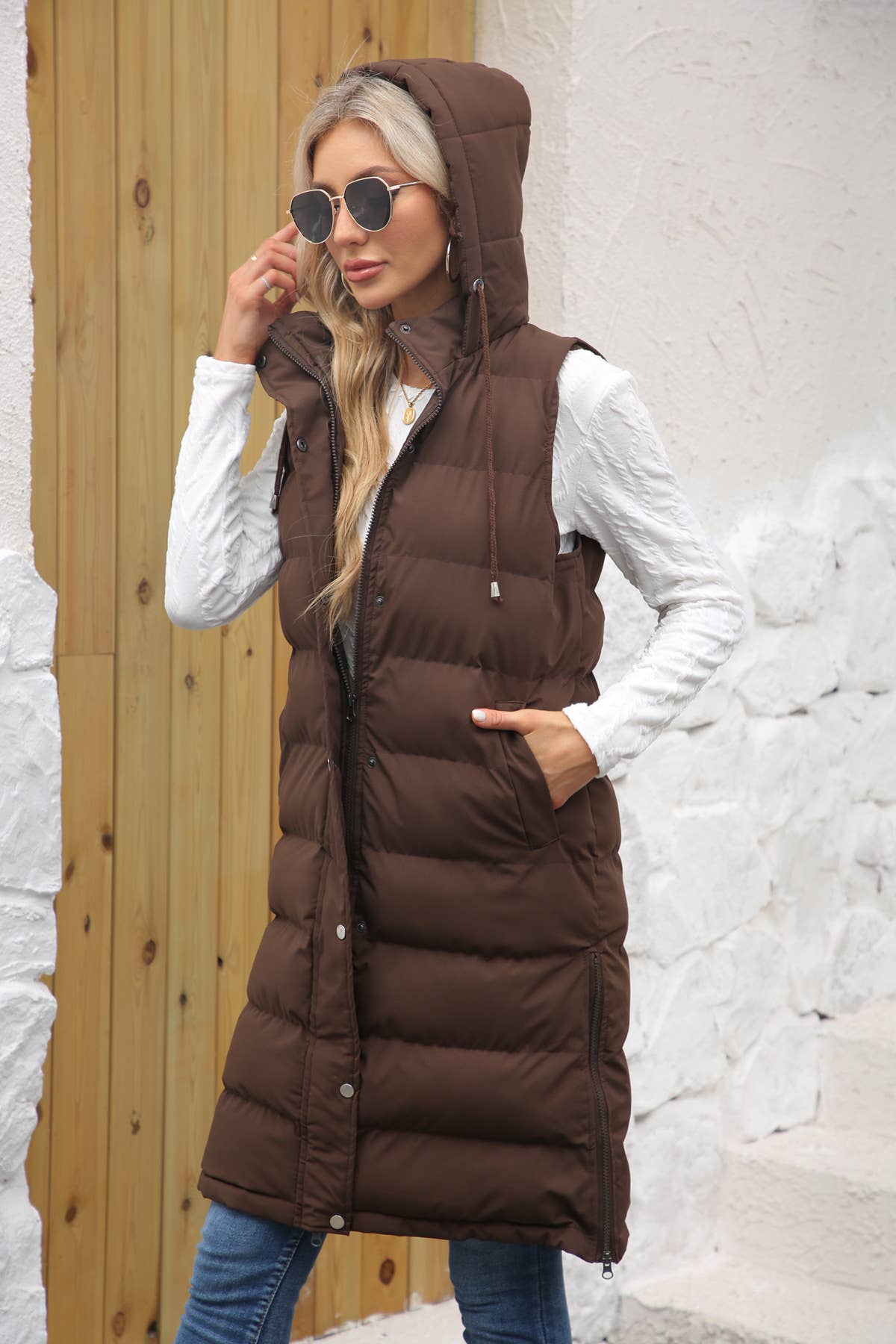 Solid-color hooded sleeveless cotton-padded vest