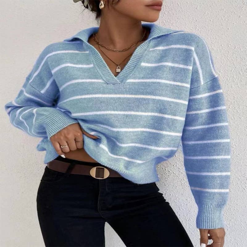 LONG SLEEVE POLO COLLAR STRIPED KNITWEAR