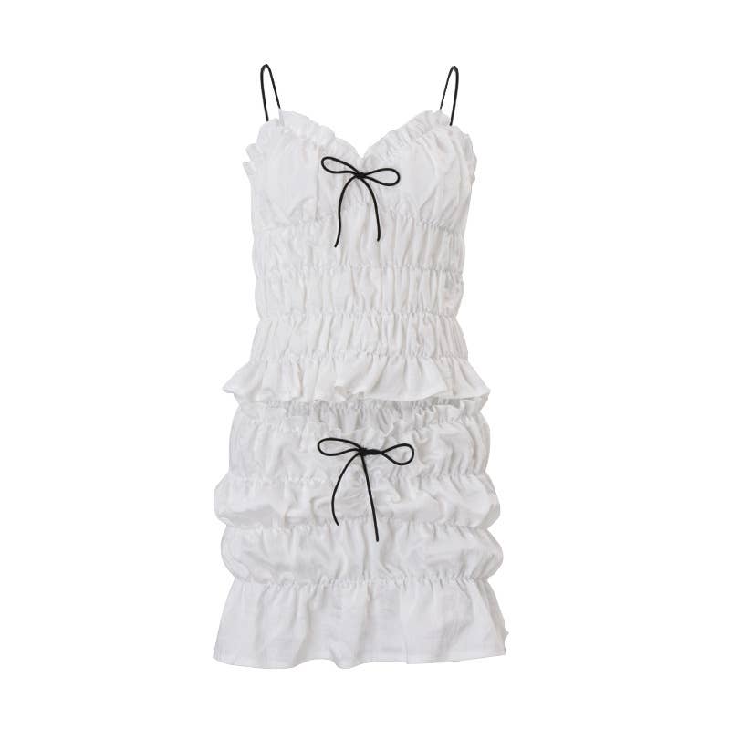 Pleated texture halter top short skirt set