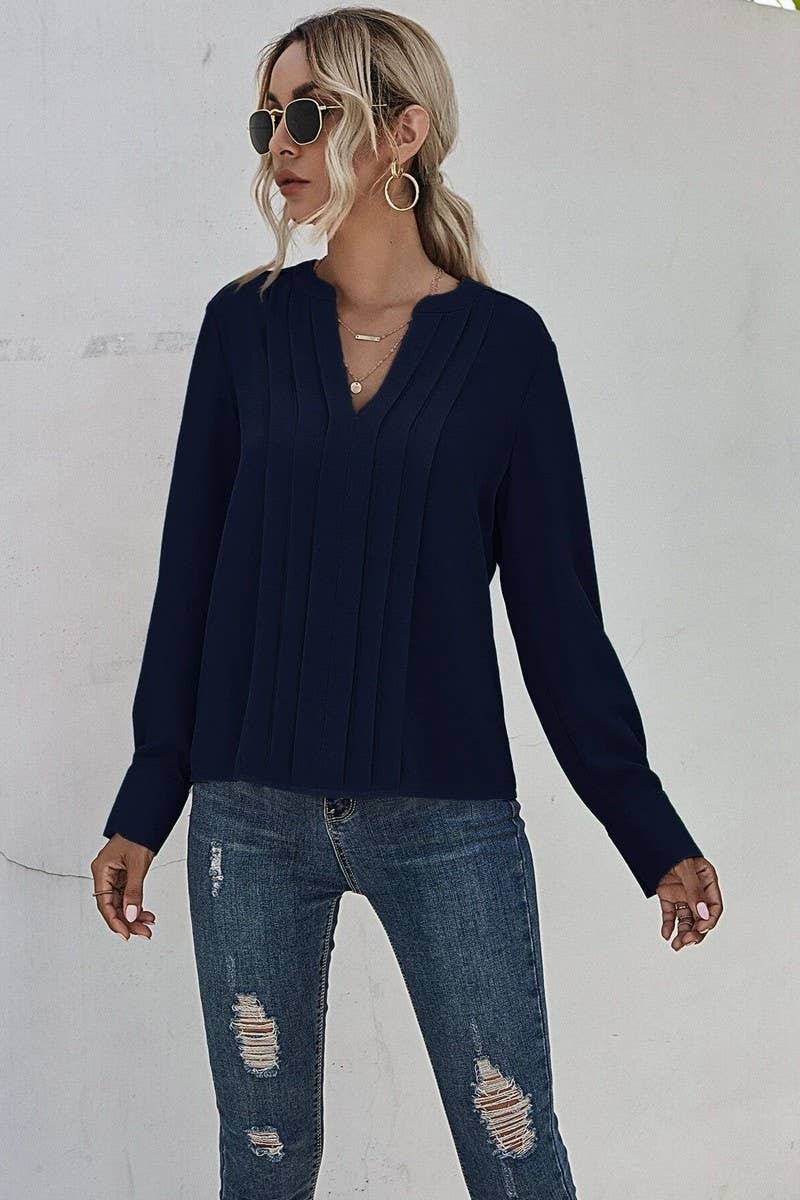 V NECK LONG SLEEVED PLEATED PULLOVER SHIRT_CWTSTL0695