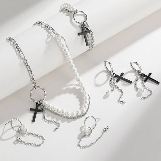 NEW CROSS PENDANT FASHION CHAIN PEARL EARRING SET