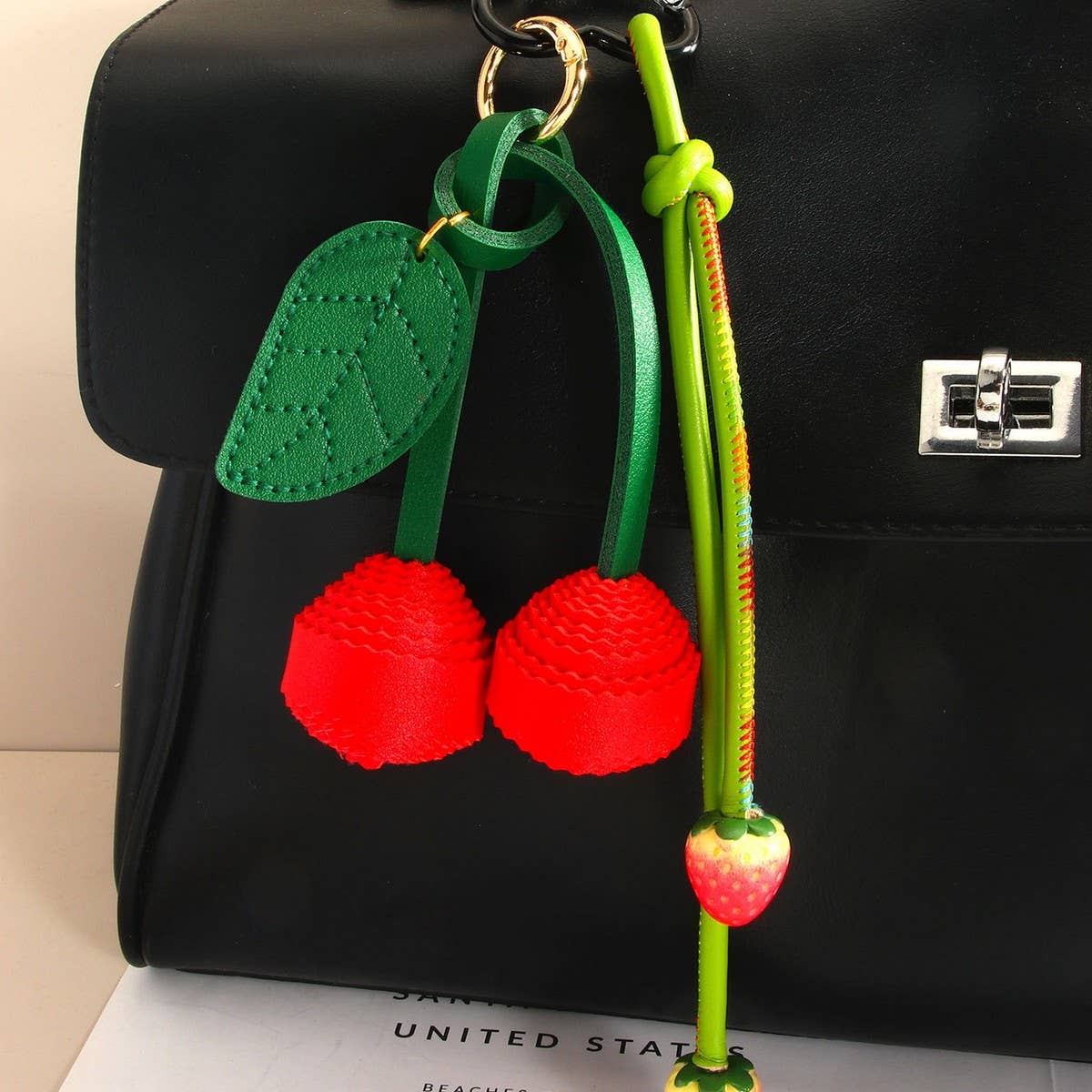 Cute PU Cherry Woven Ball Keychain Charm