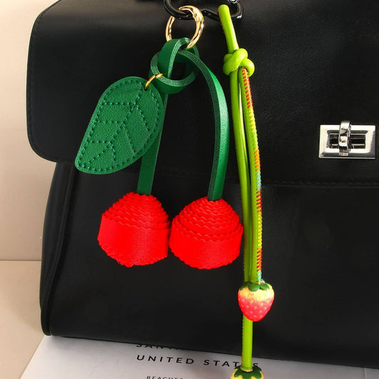 Cute PU Cherry Woven Ball Keychain Charm