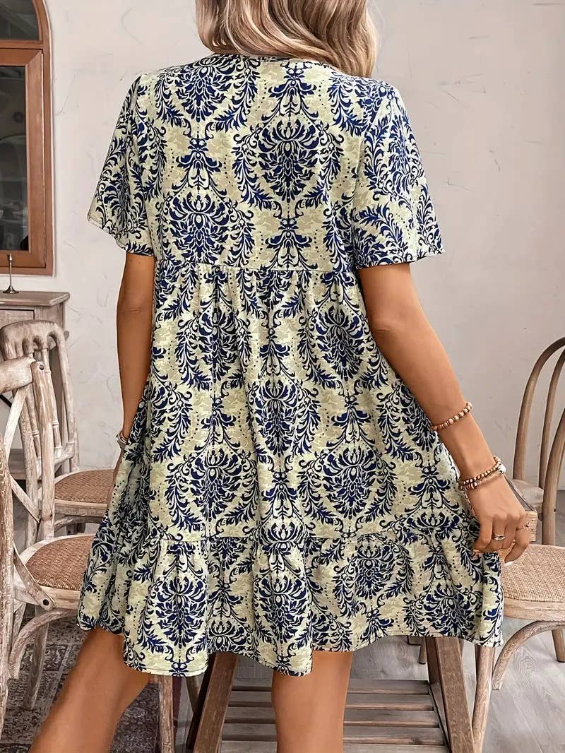 Ethnic style prints loose V-neck short dress