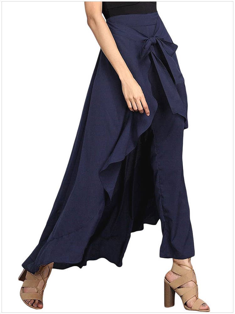 HIGH-WAISTED LONG FLANGED CHIFFON WIDE-LEG PANTS