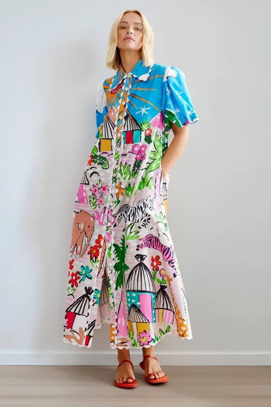 CWDMD00970_LAPEL PRINTED CASUAL CARDIGAN SHORT SLEEVE DRESS