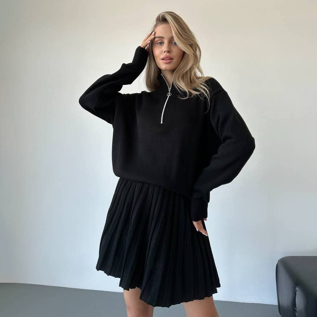 Two-piece knitted sweater and short skirt set