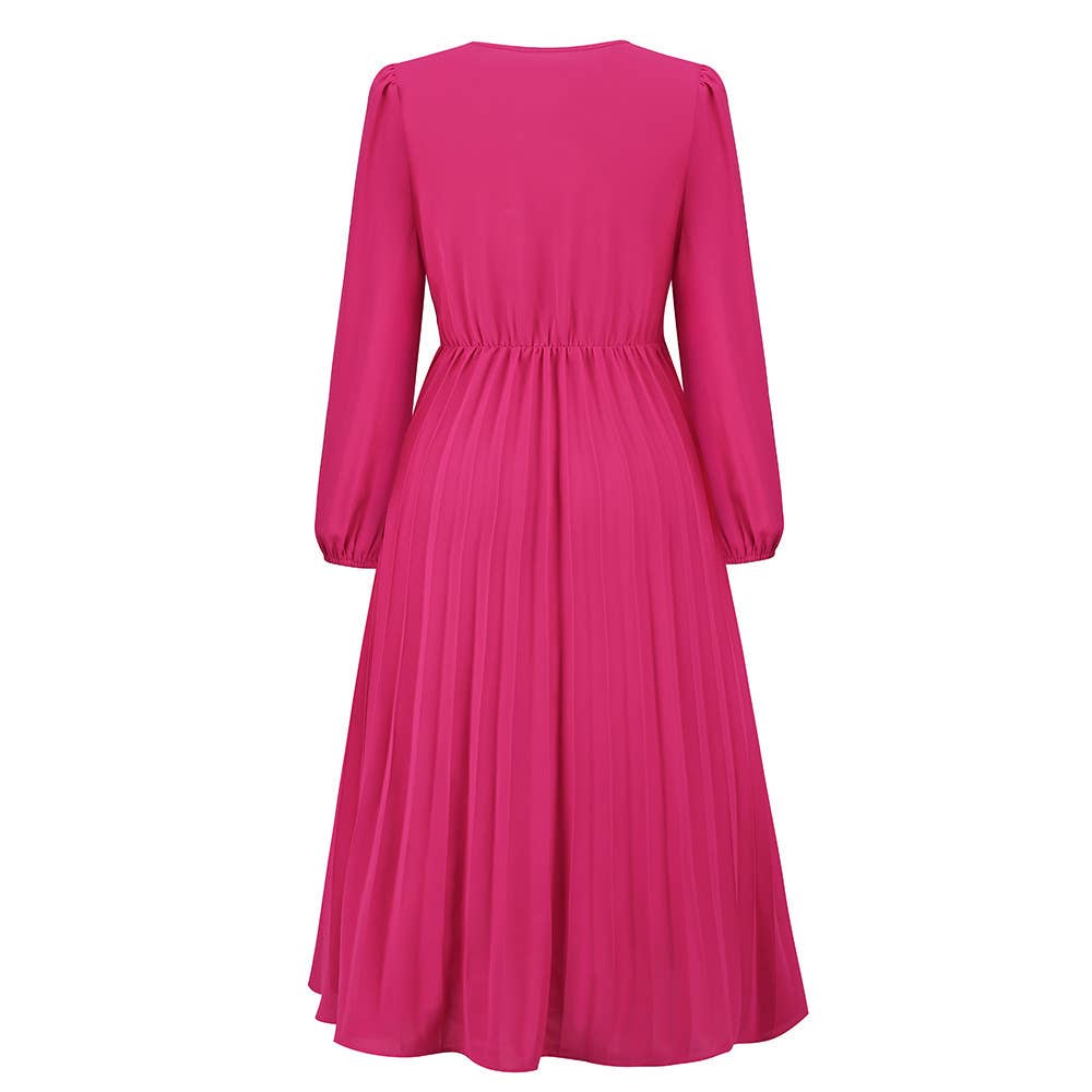 LONG SLEEVE PLEATED BELT SOLID COLOR V-NECK DRESS