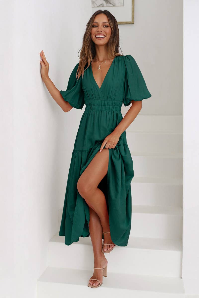 SOLID COLOR DARK V LANTERN  SLEEVE DRESS