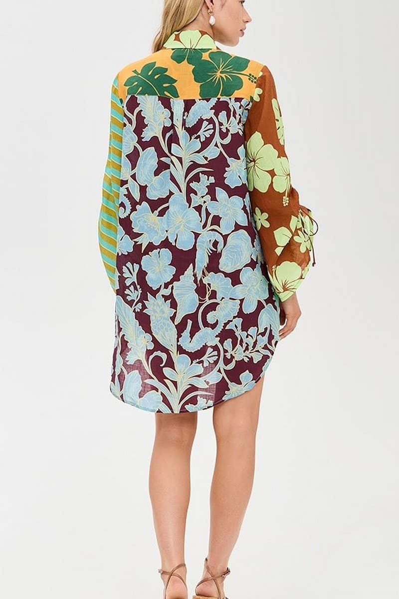 CWDSD8273_NEW CASUAL COLORBLOCK SLIT LONG SHIRT DRESS