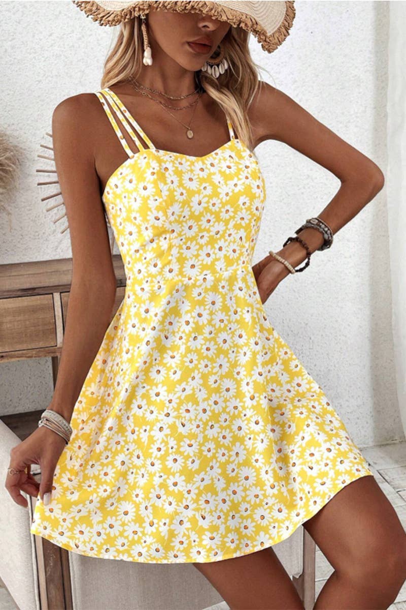 Short waistline yellow floral print halter dress
